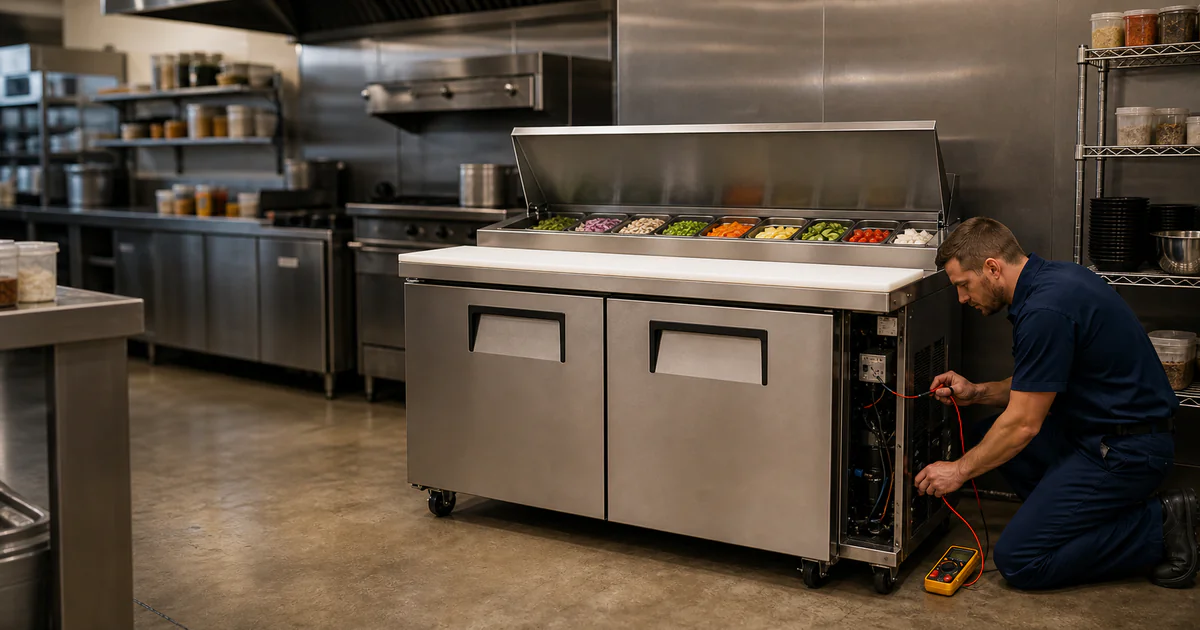 A technician inspecting a commercial refrigerated prep table with a food-preparation surface.