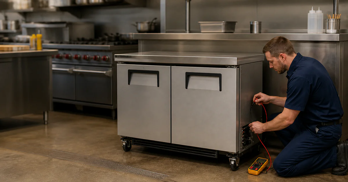 A technician inspecting a commercial undercounter refrigerator below a restaurant work counter.
